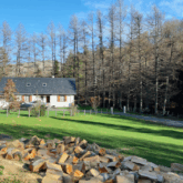 Paysage avec une maison isolée et du bois de chauffage à la lisière d'une forêt