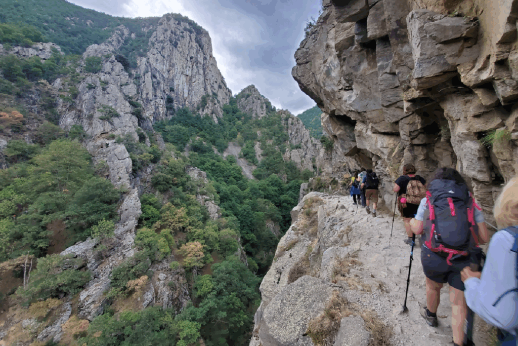 groupe de randonneurs sur un sentier perché en montagne avec un paysage montagnard entre roche et arbres