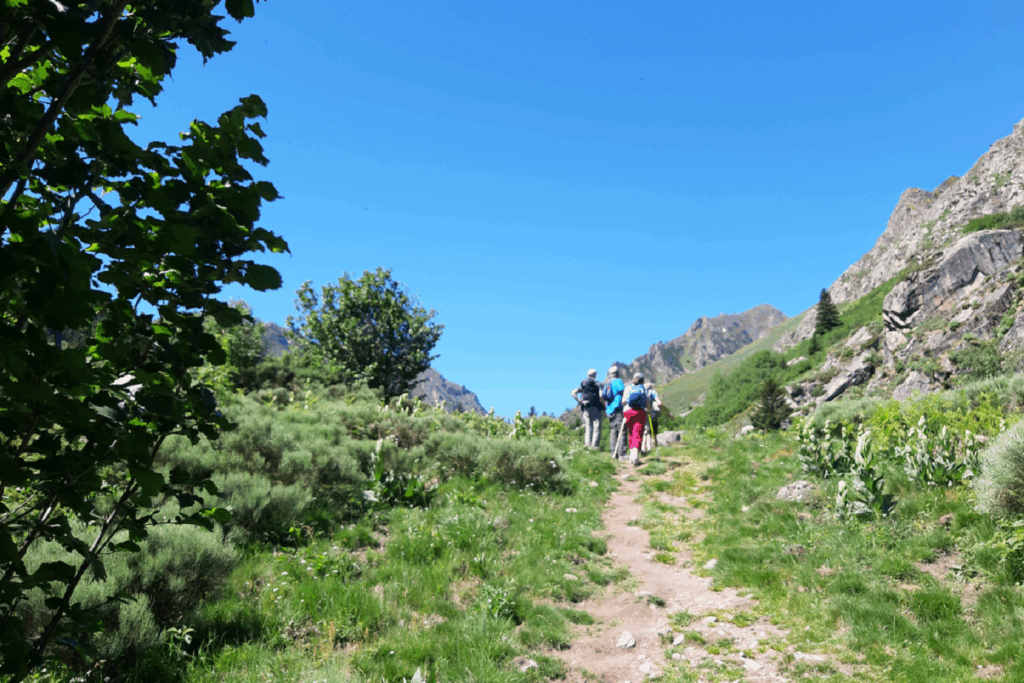 Groupe de randonneurs sur un sentier du GR10 au cours de l'étape 5 entre Bagnères-de-Luchon et Aullus-les-Bains
