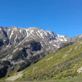 Paysage de montagne avec un flanc de montagne verdoyant et en face des sommets encore enneigés