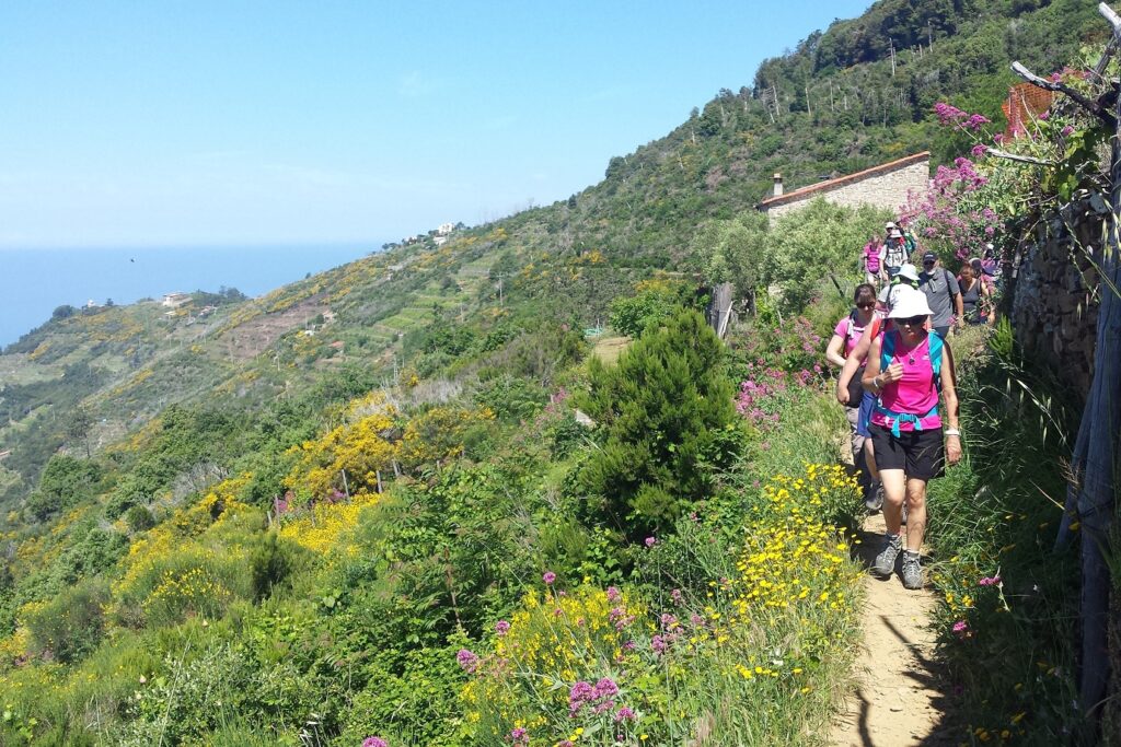 Groupe de randonneurs sur un sentier de randonnée à flanc de montagne dans la région des cinq terres en Italie
