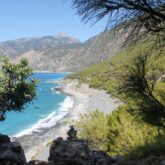 Paysage de bord de mer avec une plage encadrée de végétation.