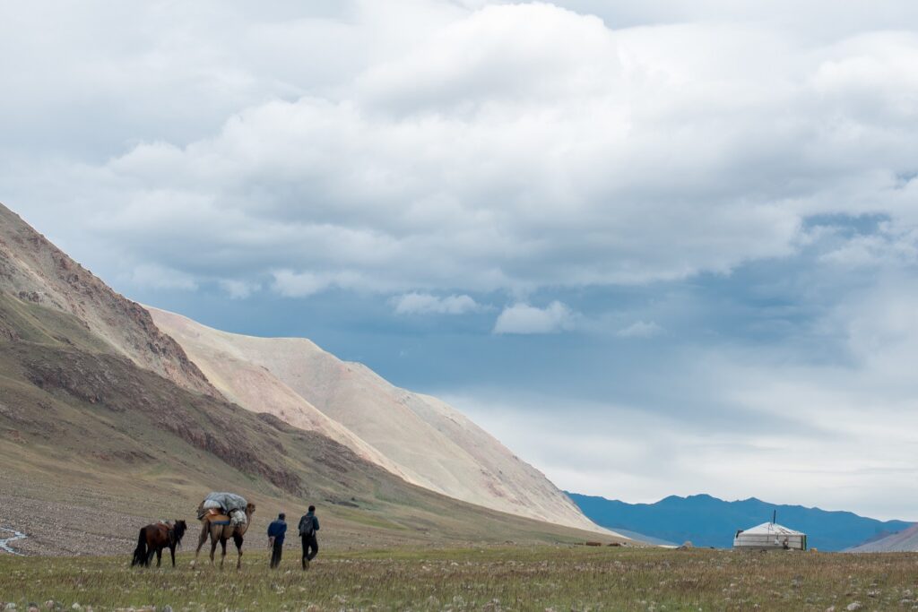 Groupe de randonneurs avec leur guide en train de marcher en Mongolie avec un décor montagnard derrière
