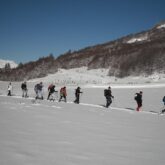 groupe de randonneurs en raquette qui font leur trace dans la neige en suivant leur guide, au cours d'un séjour raquette dans la vallée d'Ax