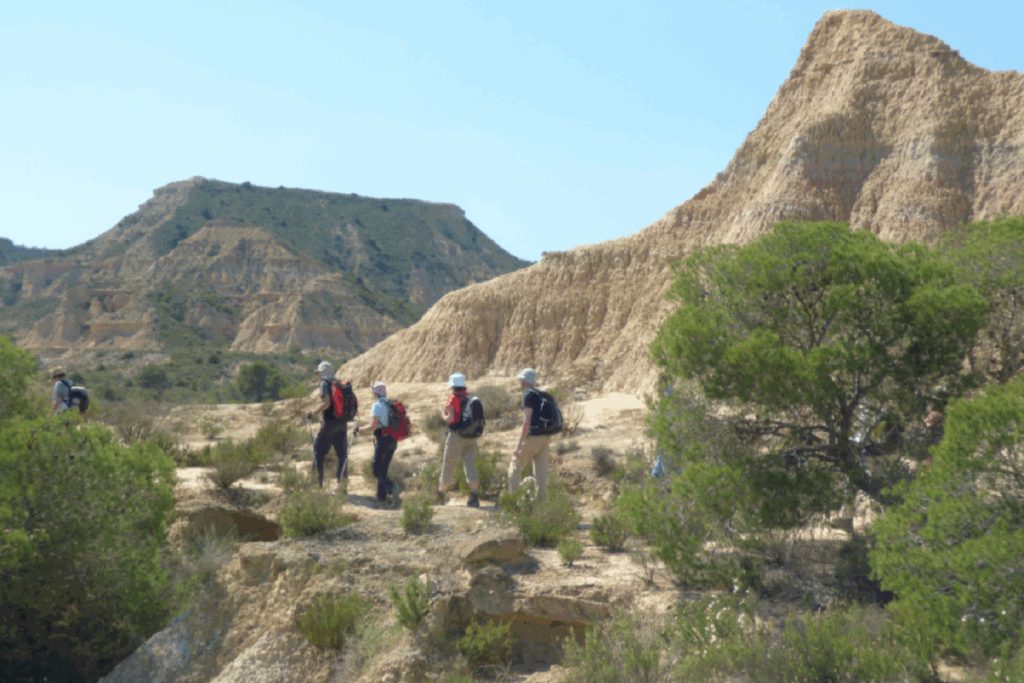 groupe de randonneurs sur un sentier dans le désert du Monegros accompagné par leur guide