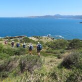 Groupe de randonnée s’avançant sur un sentier face à la mer