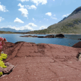 Paysage de montagne avec flore variée, un lac de montagne et un sommet
