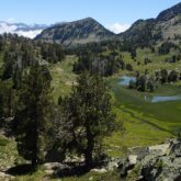 Paysage avec des lacs azurés du Neouvielle entouré d'arbres et de sommets
