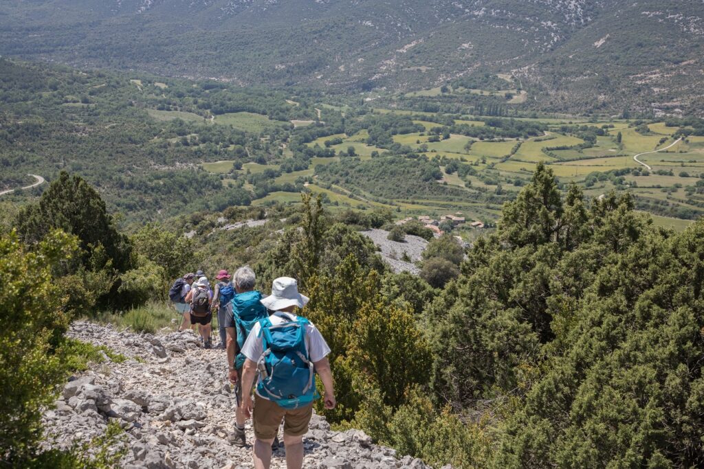 Groupe de randonneurs qui descendent avec leur guide sur un sentier