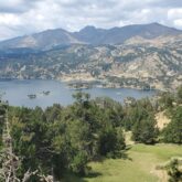 Paysage de montagne avec un lac important entouré de forêts et de montagnes