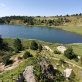 Lac de montagne entouré de végétation mais aussi de roches