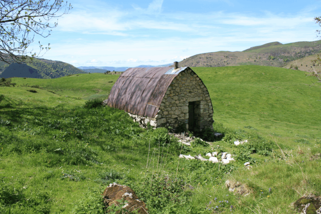 Paysage d'été dans les Pyrénées avec une cabane de berger faite de pierre, avec un toit caractéristique pointu et légèrement ovale, le tout dans une plaine verdoyante.