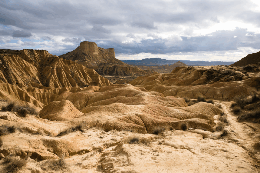 Paysage caractéristique des Bardenas avec des sommets en fond et une plaine au premier plan