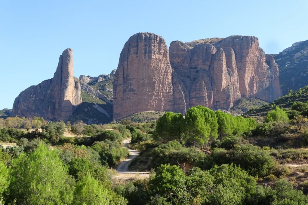 Paysage verdoyant avec des mallos de riglos en fond