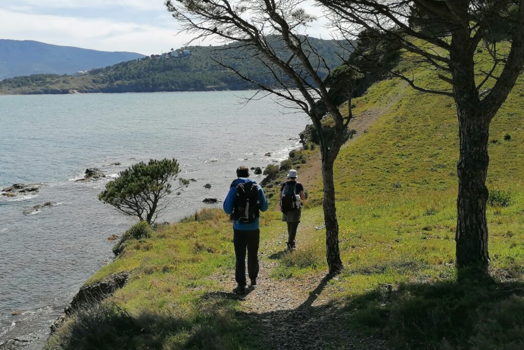 Randonneurs avançant sur un sentier côtier entouré de végétation lors d'une randonnée entre Collioure et Cadaques non accompagnés
