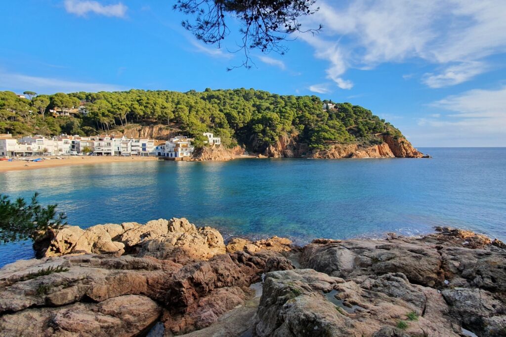Paysage avec la mer et en bord un village blanc ainsi que de la végétation