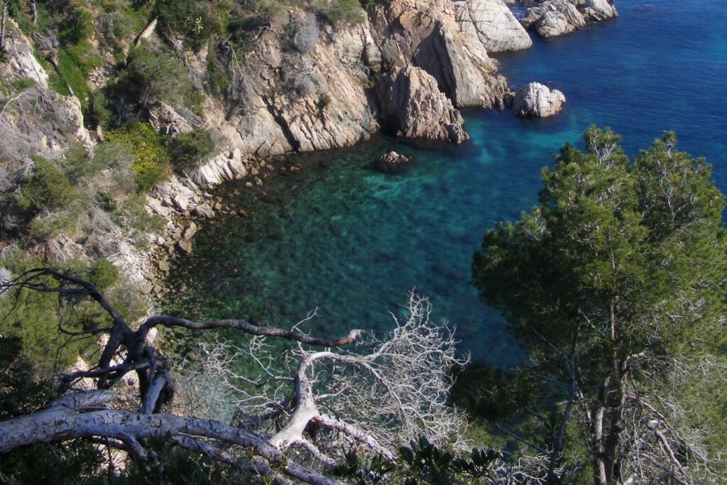 Prise de vue de la mer en contrebas depuis une falaise avec des roches blanches très marquées