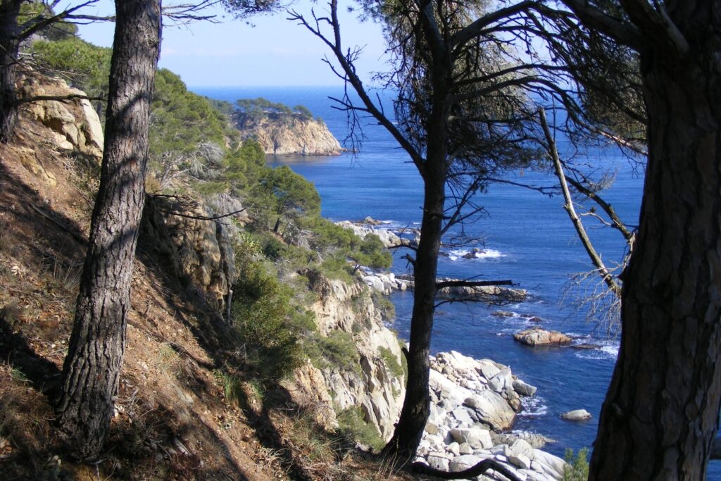 Paysage avec une prise de vue de haut, avec la mer en contrebas ainsi qu'un sentier côtier sur lequel les randonneurs marchent aux ours lors d'un séjour en itinérance en Costa Brava.