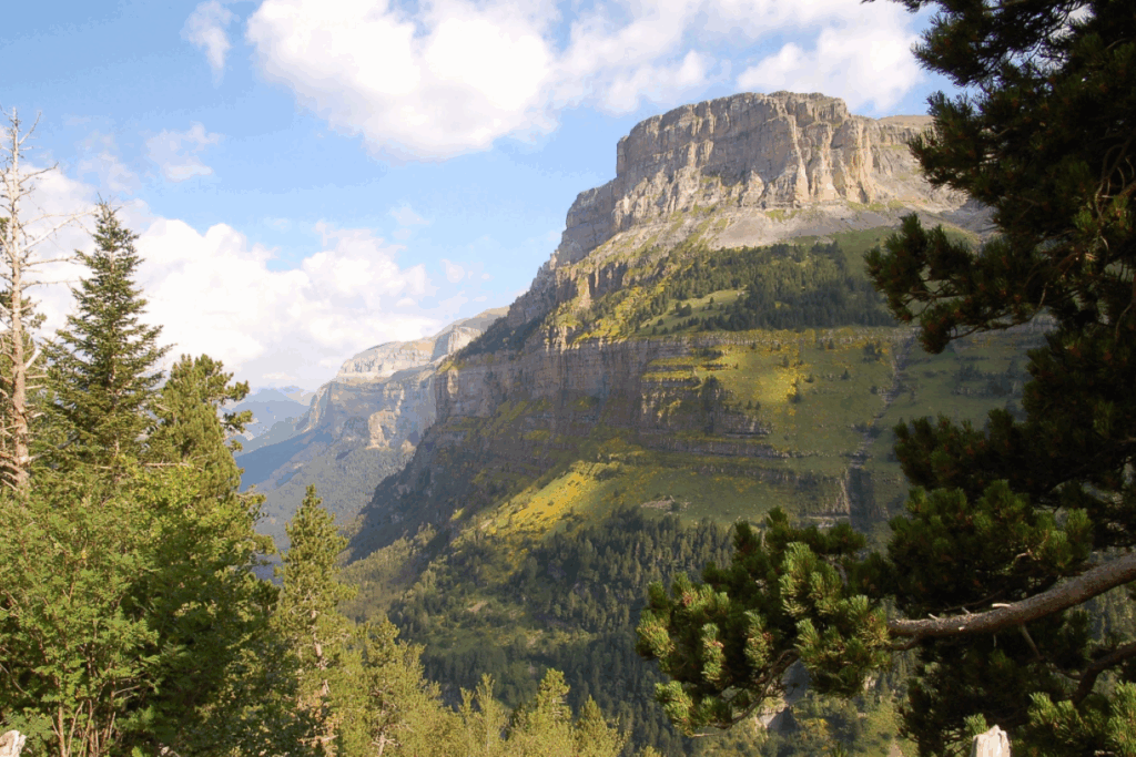 Paysage de montagne observable sur le séjour Gavarnie-Ordesa accompagné d'un guide, avec en fond une montagne entourée de forêts