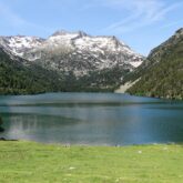 Lac de montagne et sommets à l'arrière-plan avec à l'avant une prairie
