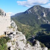 Paysage Cathare avec un château et en contrebas une vallée, en arrière-plan un sommet recouvert d'arbres
