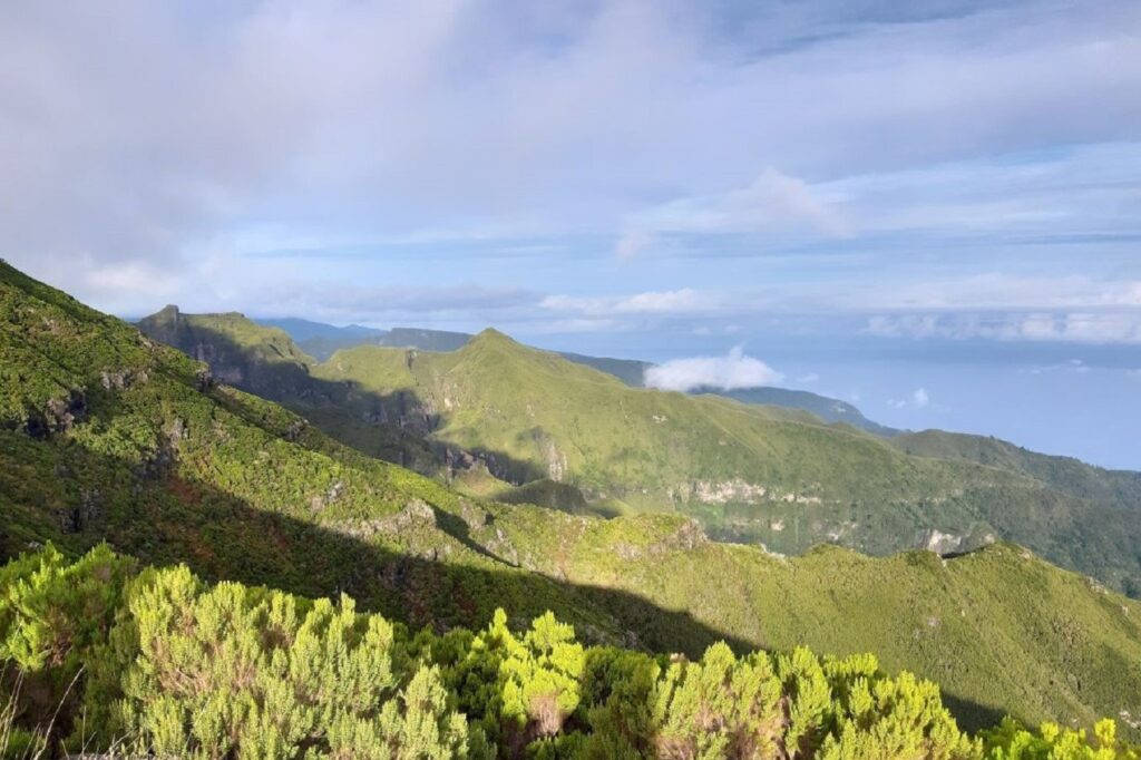 Paysage de montagne a Madère avec des sommets et de la végétation