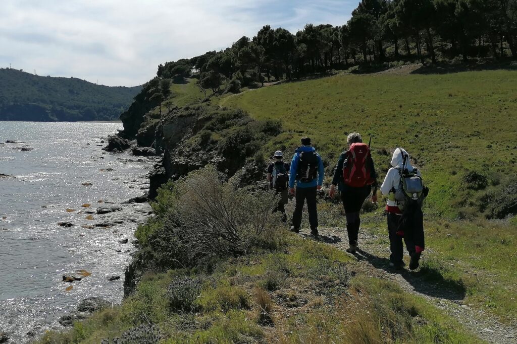 Groupe de randonneurs sur un chemin de randonnées côtier qui suivent leur guide lors d'un séjour de marche nordique avec un guide