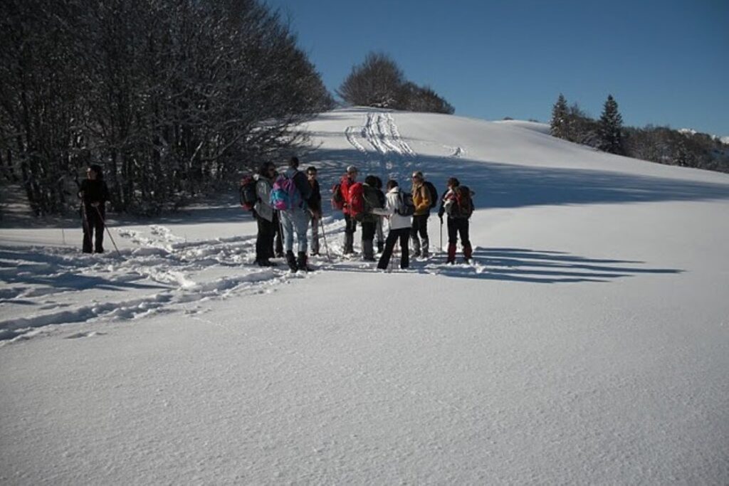 Groupe de randonneurs en raquettes qui ont fait leur trace, avec leur guide, dans la neige.