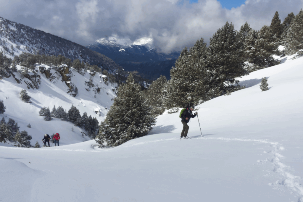 Paysage avec un randonneur en raquette qui monte le flanc d'une montagne, suivi d'un groupe de randonneurs en raquettes dans la neige