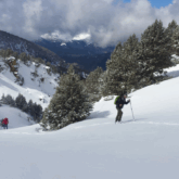 Paysage avec un randonneur en raquette qui monte le flanc d'une montagne, suivi d'un groupe de randonneurs en raquettes dans la neige