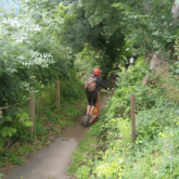 Paysage montagnard où l'on voit un groupe familial sur une piste en trottinette pour montagne en train de descendre