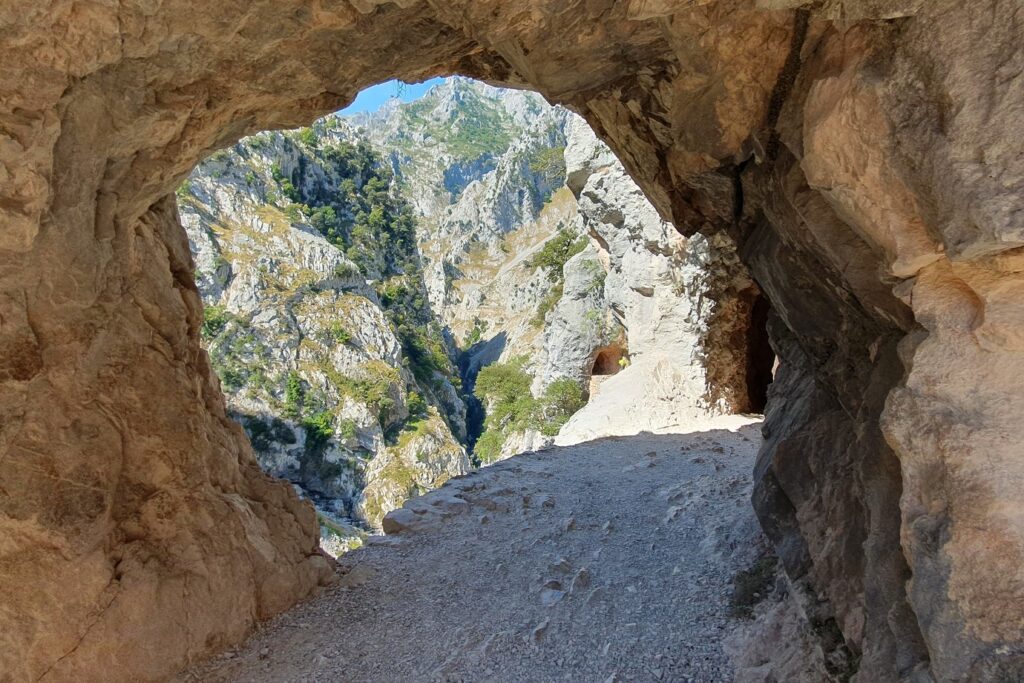 paysage estival dans les picos de europa sur un sentier qui passe à l'intérieur de roche