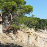 Groupe de randonneurs sur un sentier côtier au cours d'une randonnée près de la mer