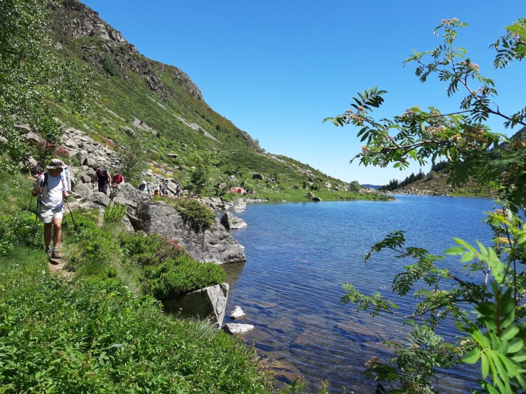 Lac de montagne entouré de sommets et de végétation