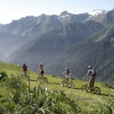 Paysage montagnard avec une famille accompagnée d'un guide en train de faire une activité en trottinette en montagne