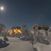 Paysage nordique d'un lodge luxueux avec la nuée qui éclaire ce brave paysage, avec un ciel étoilé