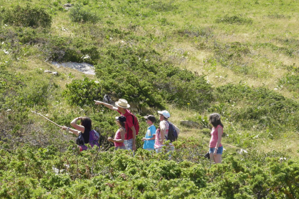 Groupe de famille avec leur guide qui font de la randonnée en montagne dans les Pyrénées