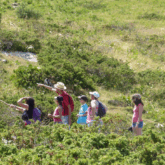Groupe de famille avec leur guide qui font de la randonnée en montagne dans les Pyrénées