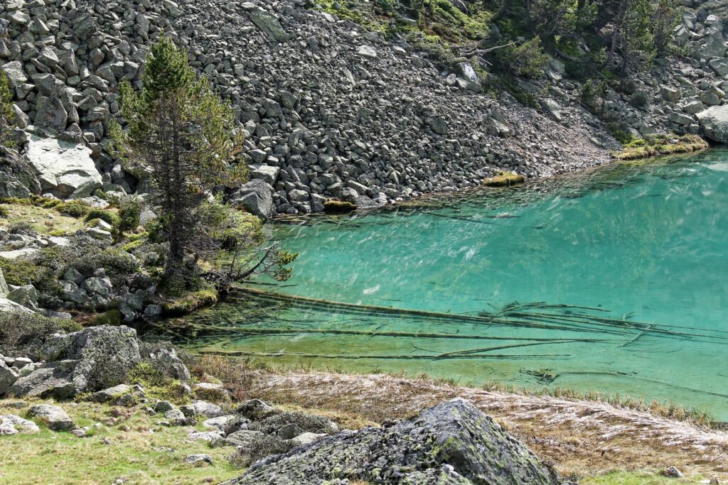 Lac azuré entouré d'arbres et de reliefs