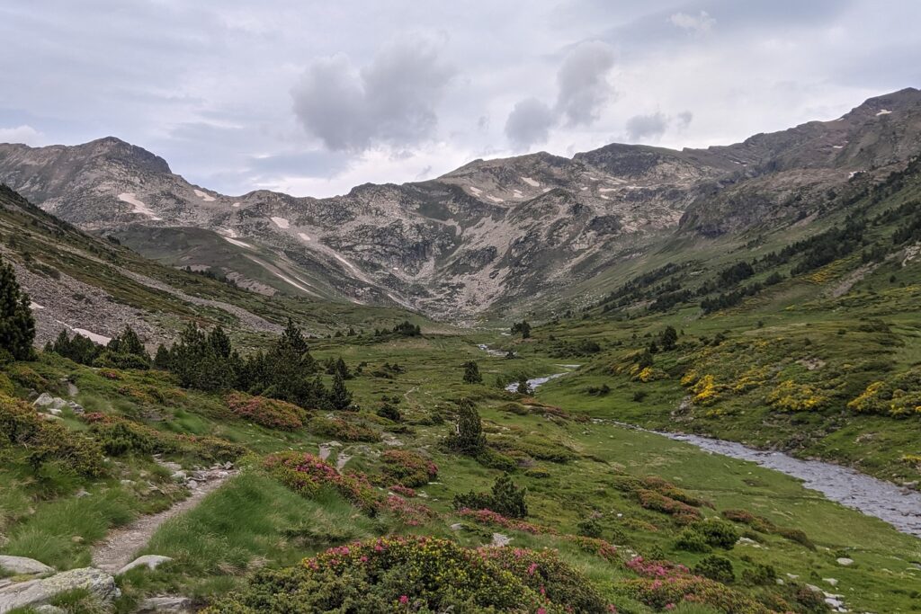 Paysage montagneux avec une plaine et des arbres, ainsi que les sentiers du GR 10 et en fond des sommets