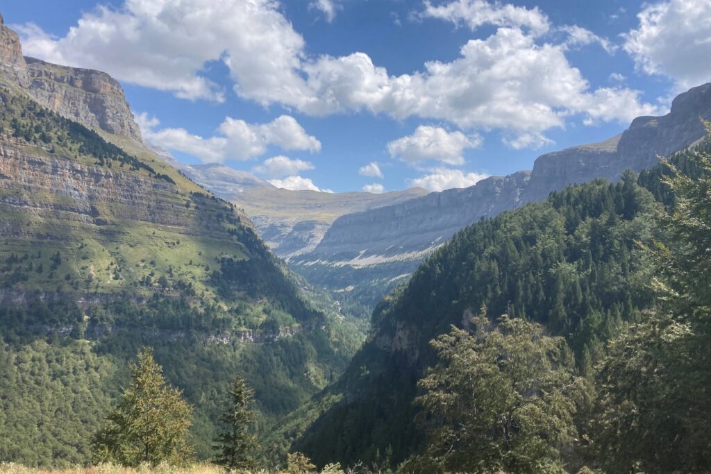 Paysage d'une vallée à Ordesa encadrée de forêts