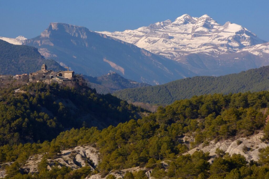 paysage estival avec une vallée en contrebas et en arrière-plan des sommets enneigés