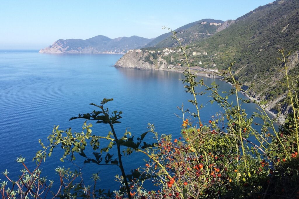 Paysage dans les Cinque terre avec la côte et la mer. Sur la droite de l'image, on retrouve les montagnes