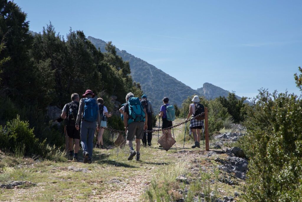 Groupe de randonneurs se dirigeant sur un sentier à flanc de montagne.