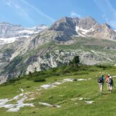 Groupe de randonneurs sur un sentier avec leur guide, paysage montagnard avec des sommets encore enneigés