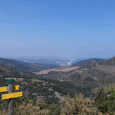 Paysage de montagne avec des panneaux indicatifs de direction et une vallée en arrière-plan