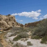Groupe de randonneurs accompagné de leur guide en train de marcher sur un sentier à côté d'un cours d'eau dans les bardenas