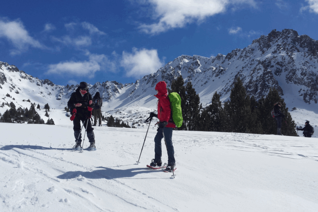 randonneurs en raquette avec un paysage de montagne enneigé en Andorre