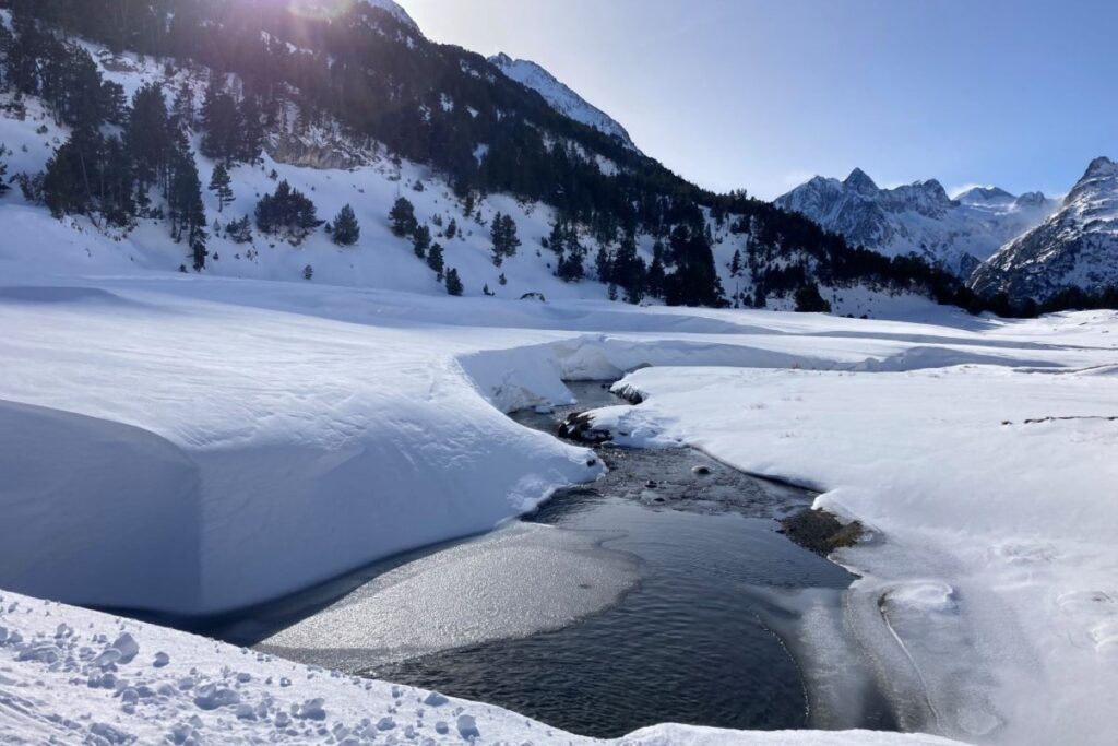 paysage hivernal avec un ruisseau entouré de neige et avec au fond des montagnes couvertes de forêts