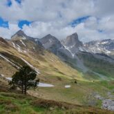 Paysage de montagne avec en fond des sommets enneigés et un plateau au pied de ces derniers